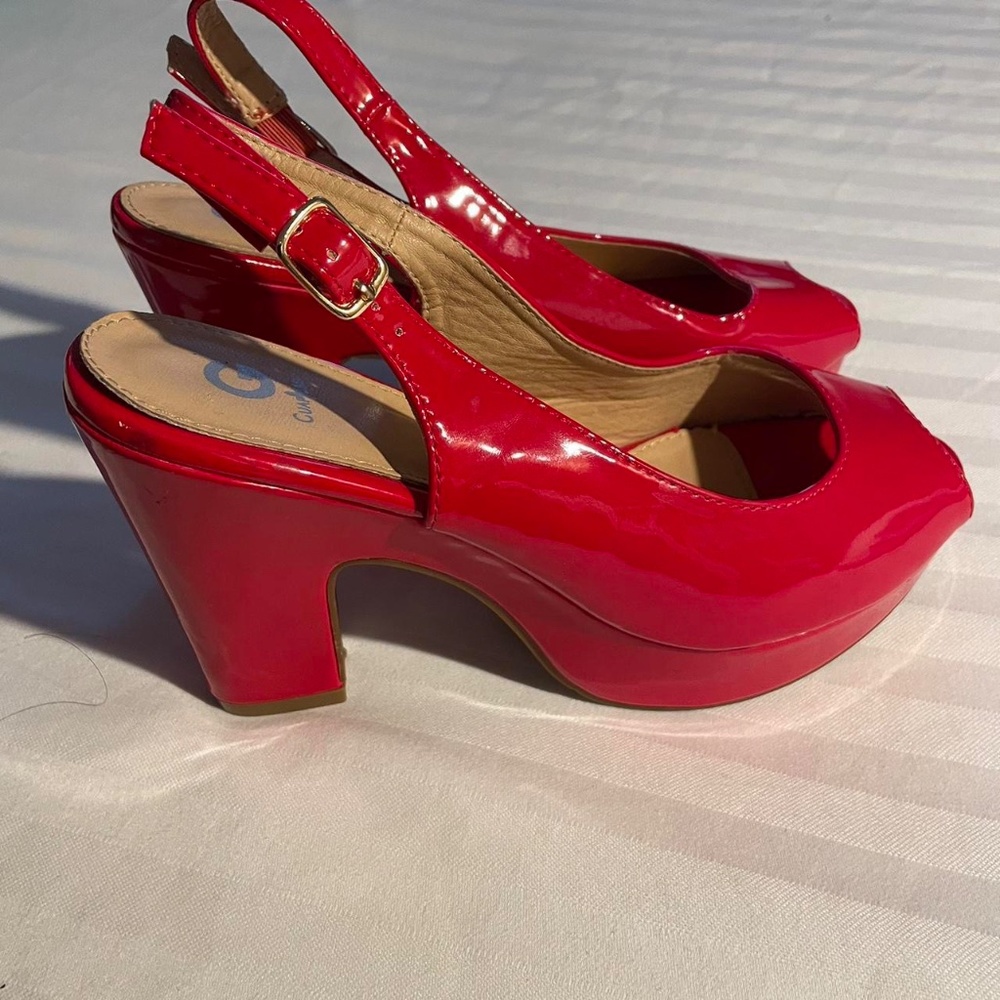 Red Patent Leather Platform Wedge Peeptoe High Heel. Slingback. Shiny  Size 7.5